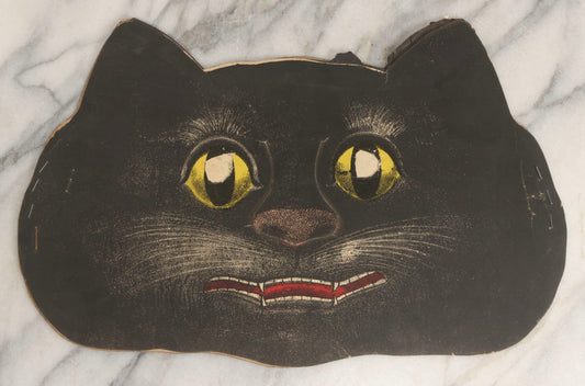 Lot 058 - Vintage Halloween Paper Cutout Mask Of Sad Black Cat With Yellow Eyes And Red Mouth, Made In Germany, Unknown Manufacturer, 14" x 9"