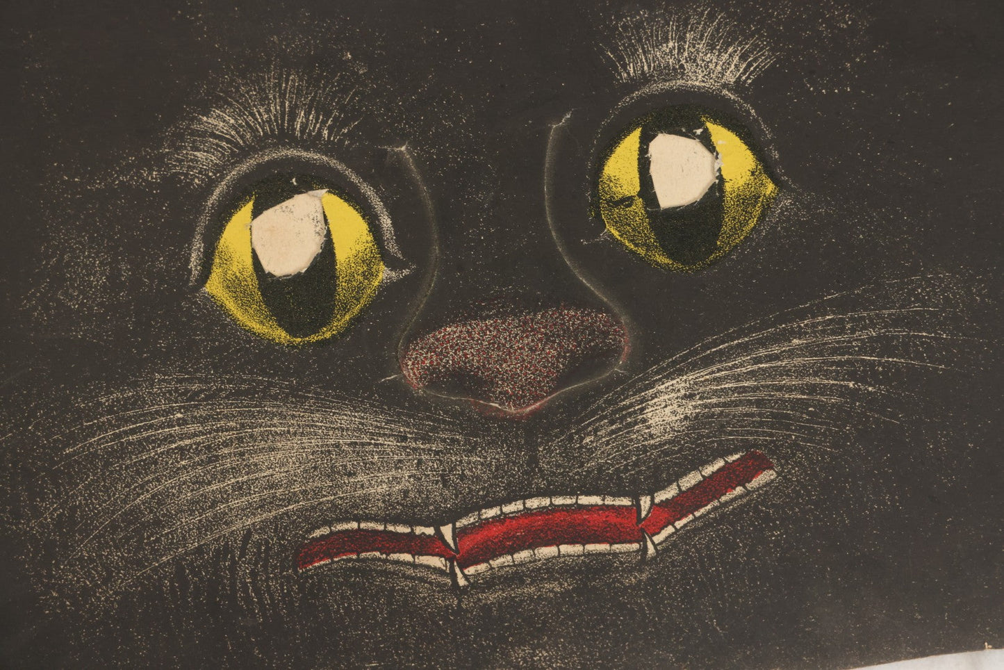 Lot 058 - Vintage Halloween Paper Cutout Mask Of Sad Black Cat With Yellow Eyes And Red Mouth, Made In Germany, Unknown Manufacturer, 14" x 9"