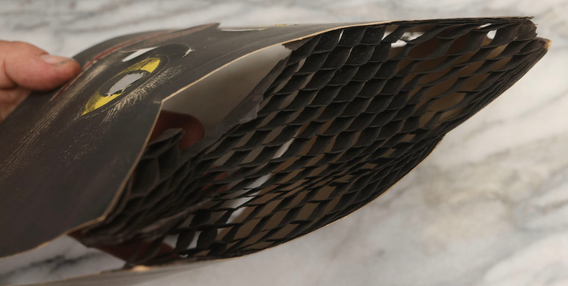 Lot 058 - Vintage Halloween Paper Cutout Mask Of Sad Black Cat With Yellow Eyes And Red Mouth, Made In Germany, Unknown Manufacturer, 14" x 9"