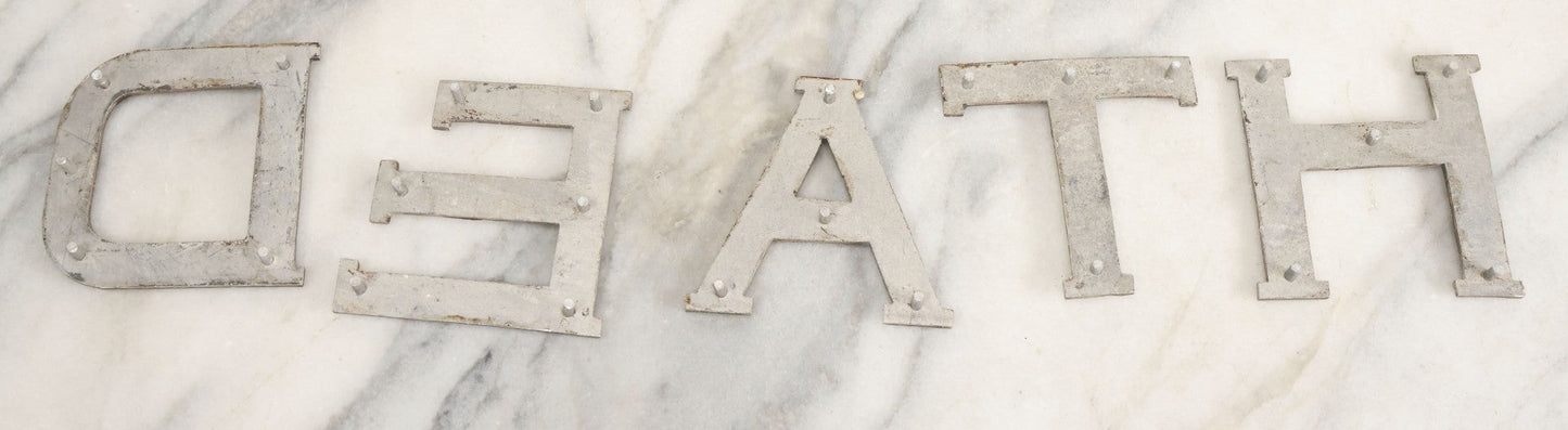 Lot 059 - Vintage Die-Cut Aluminum Sheet Metal Letters Spelling “D-E-A-T-H” With Original Rivets