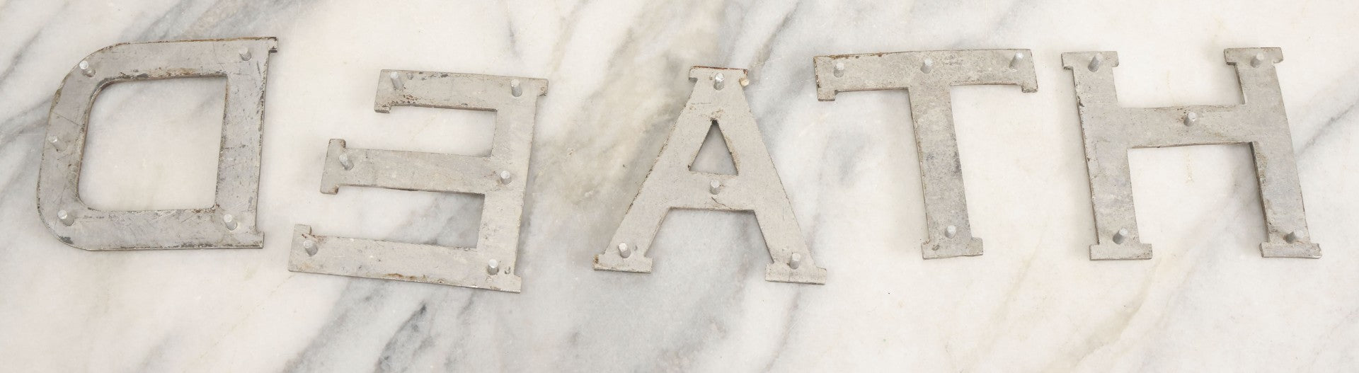 Lot 059 - Vintage Die-Cut Aluminum Sheet Metal Letters Spelling “D-E-A-T-H” With Original Rivets
