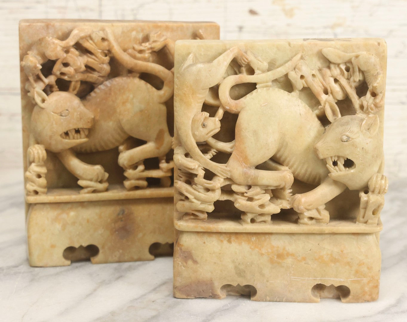 Lot 060 - Pair Of Vintage Chinese Carved Stone Bookends With Monkey And Beast In High-Relief Jungle Scene