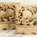 Lot 060 - Pair Of Vintage Chinese Carved Stone Bookends With Monkey And Beast In High-Relief Jungle Scene, 5-1/2" H Each
