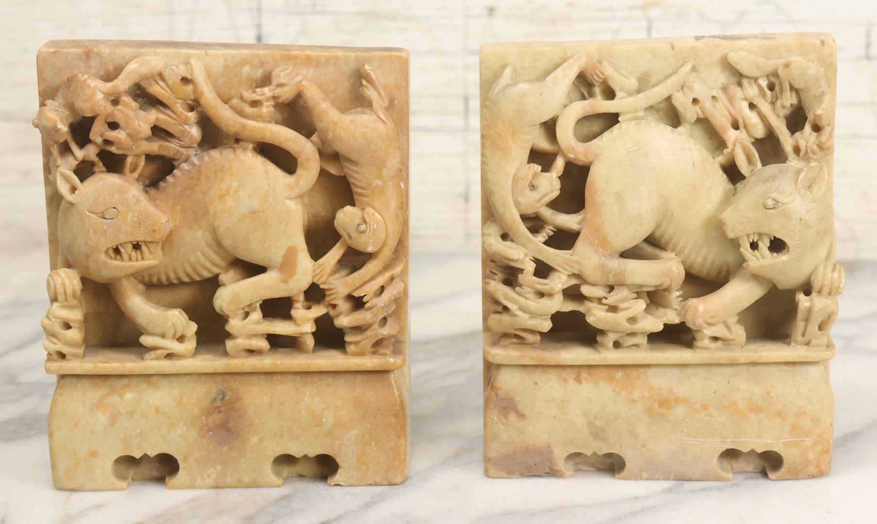 Lot 060 - Pair Of Vintage Chinese Carved Stone Bookends With Monkey And Beast In High-Relief Jungle Scene
