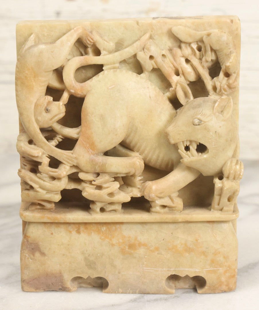Lot 060 - Pair Of Vintage Chinese Carved Stone Bookends With Monkey And Beast In High-Relief Jungle Scene