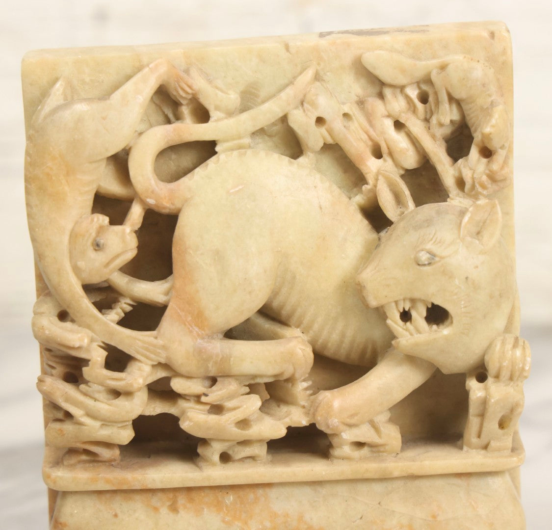 Lot 060 - Pair Of Vintage Chinese Carved Stone Bookends With Monkey And Beast In High-Relief Jungle Scene