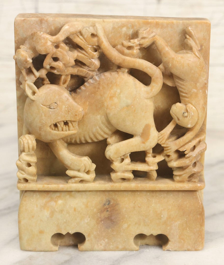 Lot 060 - Pair Of Vintage Chinese Carved Stone Bookends With Monkey And Beast In High-Relief Jungle Scene