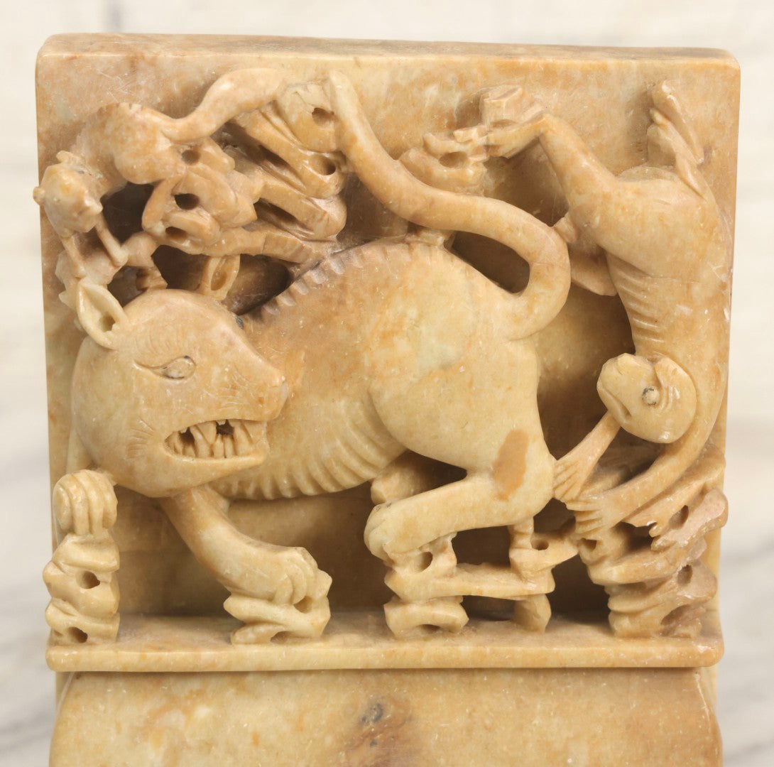 Lot 060 - Pair Of Vintage Chinese Carved Stone Bookends With Monkey And Beast In High-Relief Jungle Scene