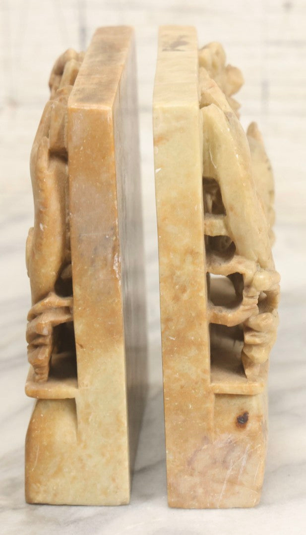 Lot 060 - Pair Of Vintage Chinese Carved Stone Bookends With Monkey And Beast In High-Relief Jungle Scene