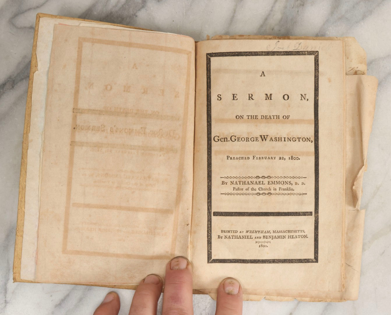 Lot 063 - Antique Memorial Sermon Booklet “A Sermon On The Death Of Gen. George Washington, Preached February 22, 1800” By Nathaniel Emmons, D.D., Wrentham, Massachusetts, With Additional Trask Family Ephemera