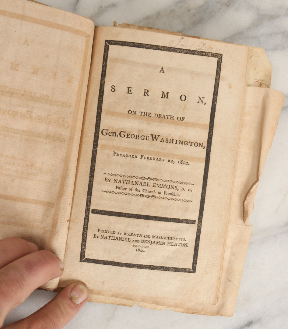 Lot 063 - Antique Memorial Sermon Booklet “A Sermon On The Death Of Gen. George Washington, Preached February 22, 1800” By Nathaniel Emmons, D.D., Wrentham, Massachusetts, With Additional Trask Family Ephemera