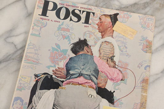 Lot 064 - Vintage “The Saturday Evening Post” Magazine, March 4, 1944, With Norman Rockwell Cover Of Tattoo Artist Tattooing Navy Sailor, Original Price 10¢