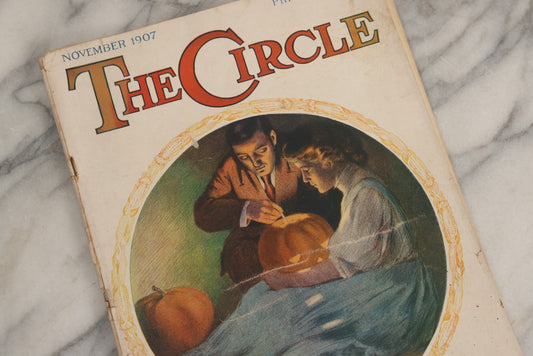 Lot 066 - Antique “The Circle” Magazine, November 1907, With Cover Of Man And Woman Carving Halloween Jack-O-Lantern Illustrated By Bessie Pease Gutmann, Copyright Funk & Wagnalls Co., New York