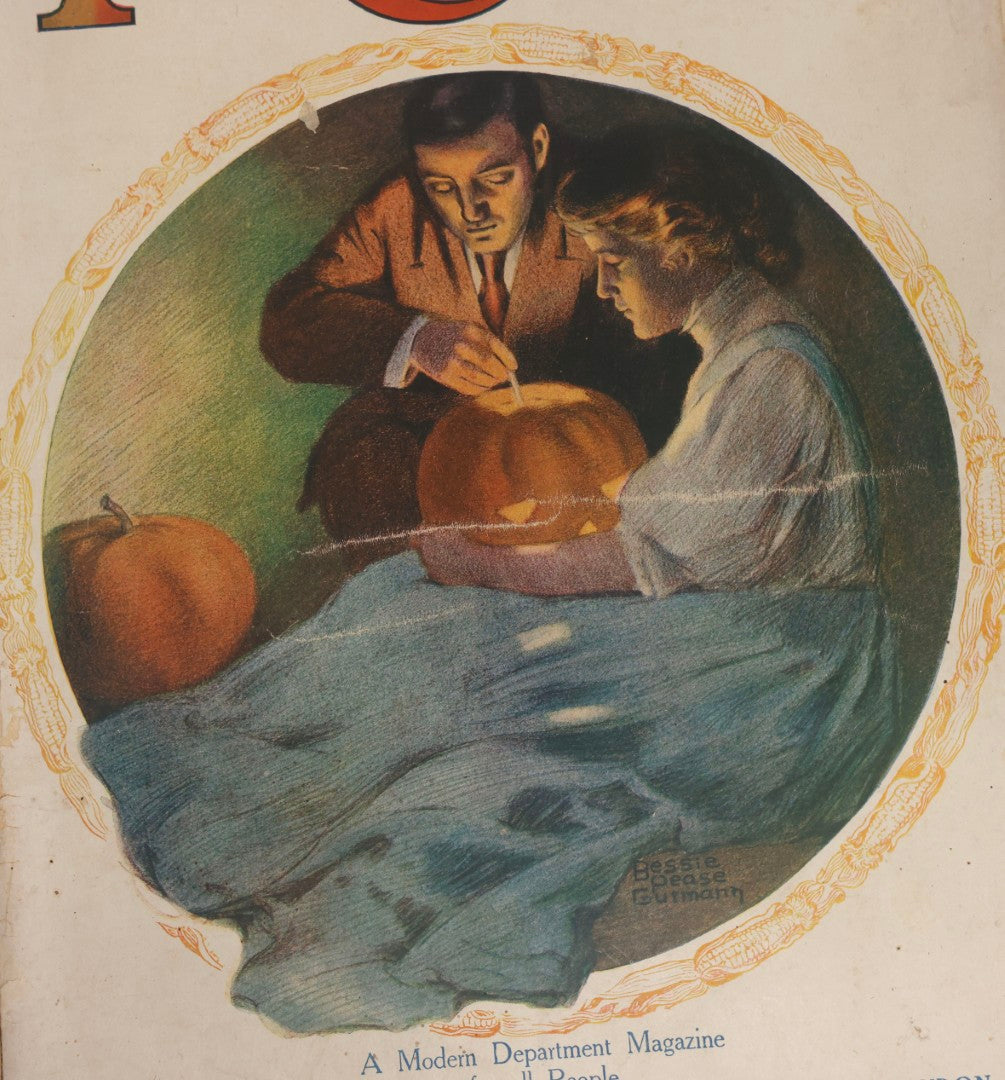 Lot 066 - Antique “The Circle” Magazine, November 1907, With Cover Of Man And Woman Carving Halloween Jack-O-Lantern Illustrated By Bessie Pease Gutmann, Copyright Funk & Wagnalls Co., New York