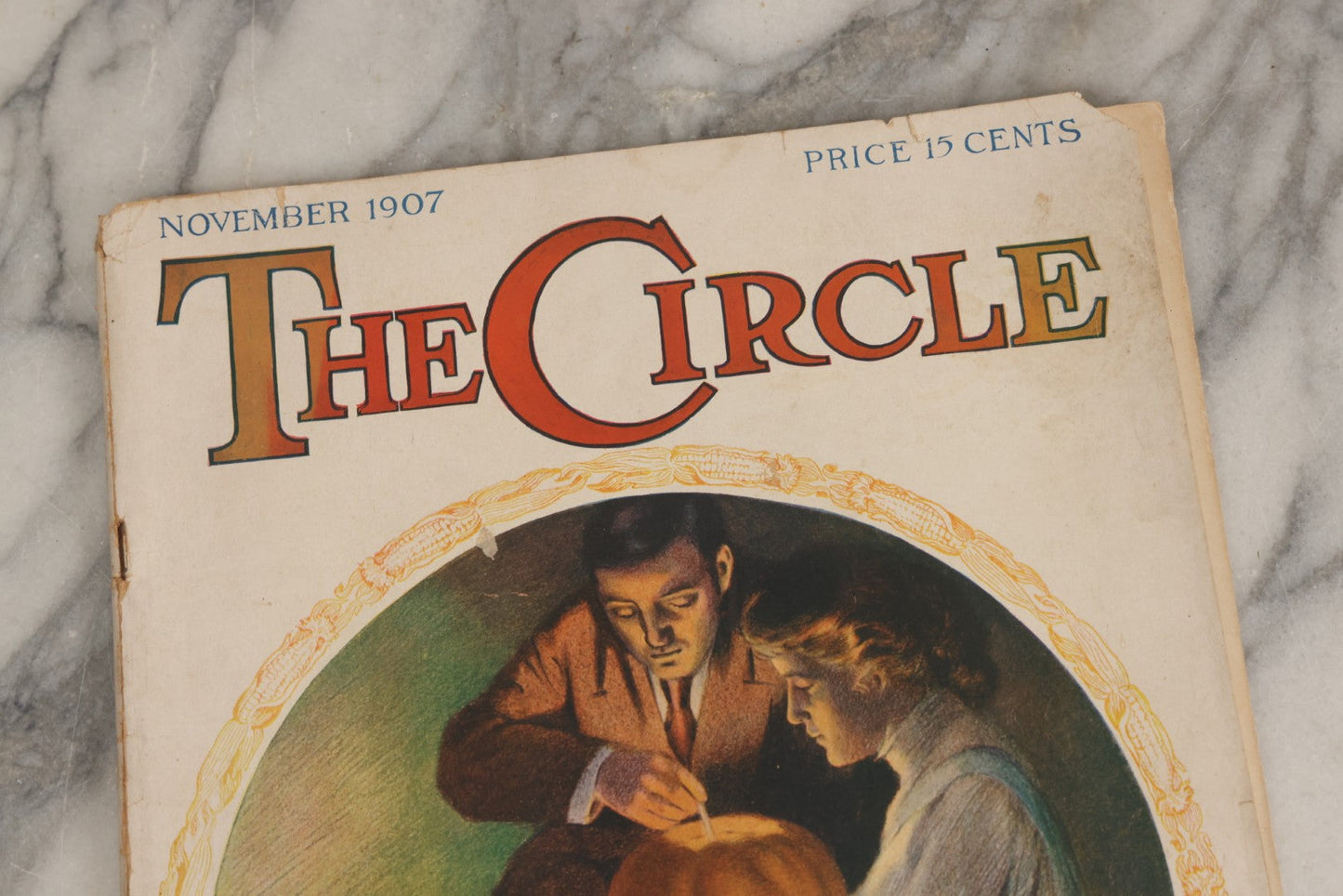 Lot 066 - Antique “The Circle” Magazine, November 1907, With Cover Of Man And Woman Carving Halloween Jack-O-Lantern Illustrated By Bessie Pease Gutmann, Copyright Funk & Wagnalls Co., New York