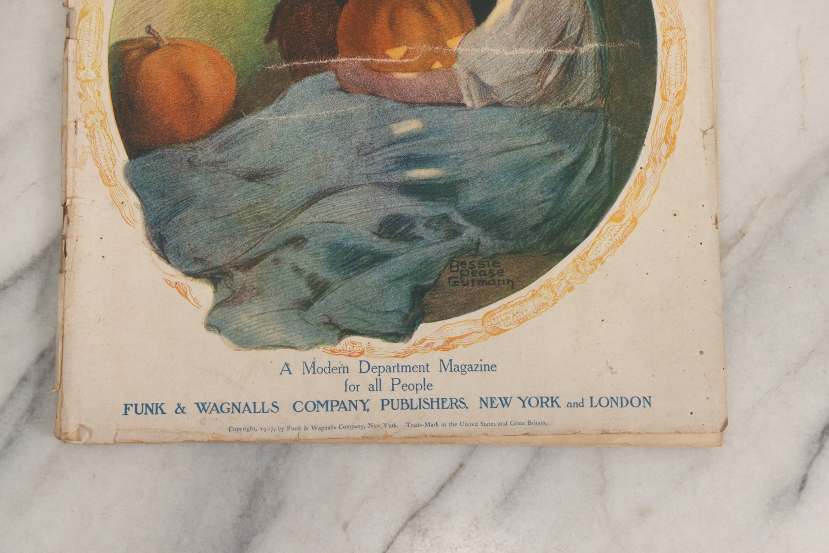 Lot 066 - Antique “The Circle” Magazine, November 1907, With Cover Of Man And Woman Carving Halloween Jack-O-Lantern Illustrated By Bessie Pease Gutmann, Copyright Funk & Wagnalls Co., New York