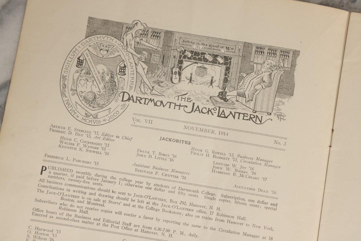 Lot 067 - Antique “The Dartmouth Jack-O-Lantern” Magazine, Volume VII No. 3, November 1914, Student Publication Of Dartmouth College, New Hampshire
