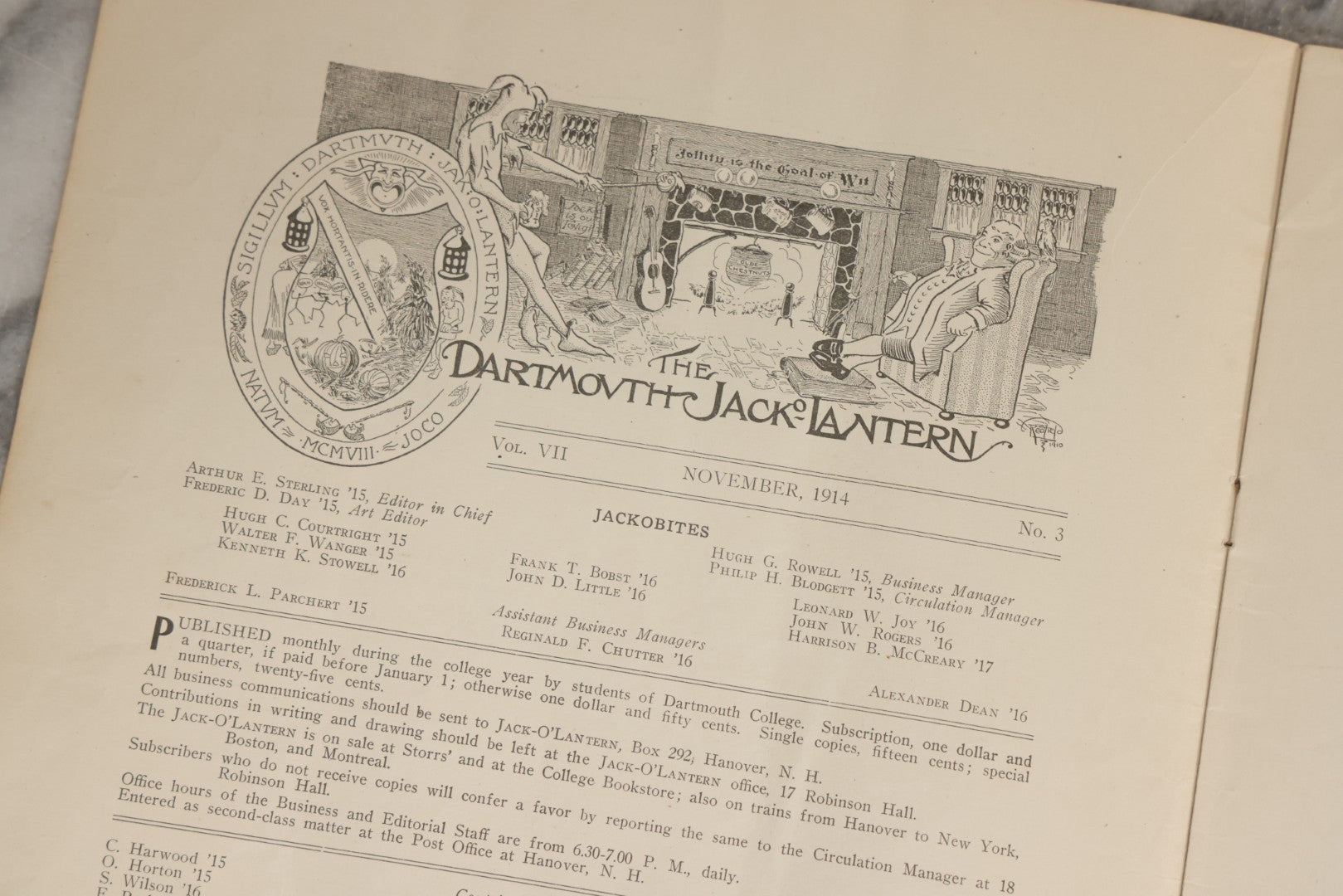 Lot 067 - Antique “The Dartmouth Jack-O-Lantern” Magazine, Volume VII No. 3, November 1914, Student Publication Of Dartmouth College, New Hampshire