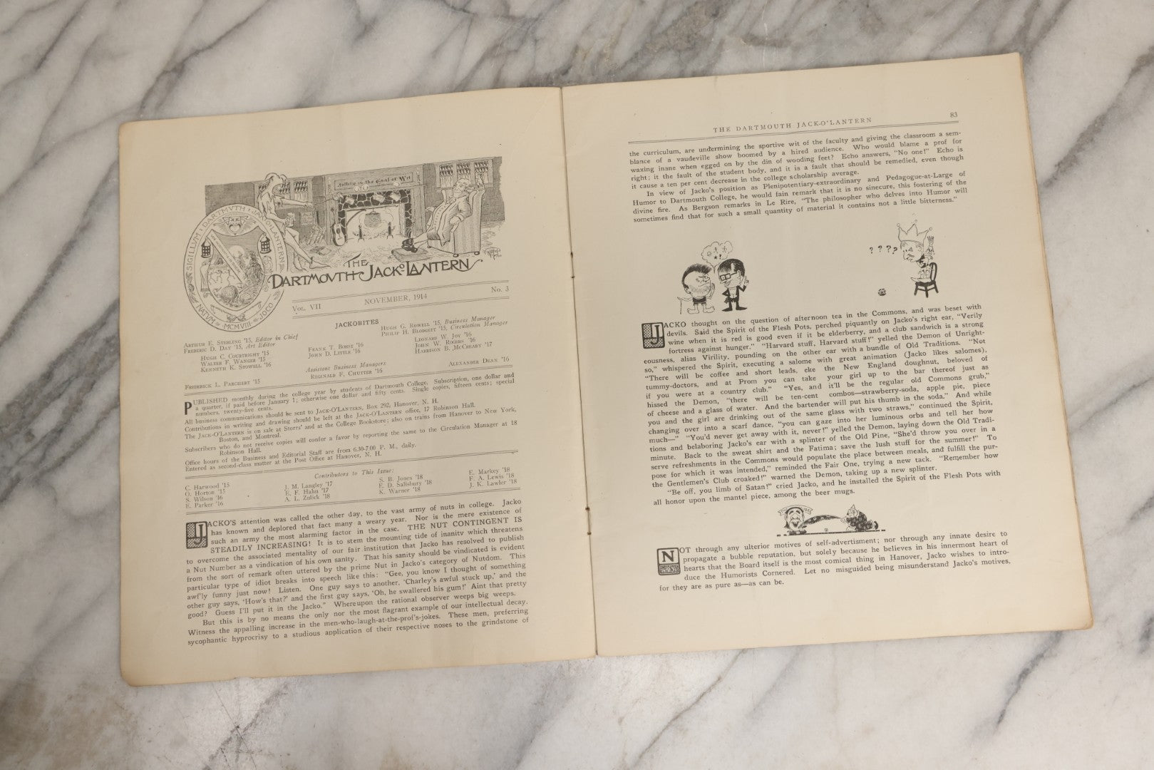 Lot 067 - Antique “The Dartmouth Jack-O-Lantern” Magazine, Volume VII No. 3, November 1914, Student Publication Of Dartmouth College, New Hampshire
