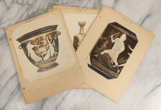 Lot 070 - Antique Set Of Fifteen Plates Of Mounted Museum Photographs Of Greek Pottery With Mythological Decorations, With Handwritten Notes, Including Boston Museum Of Fine Art And Metropolitan Museum Of Art References