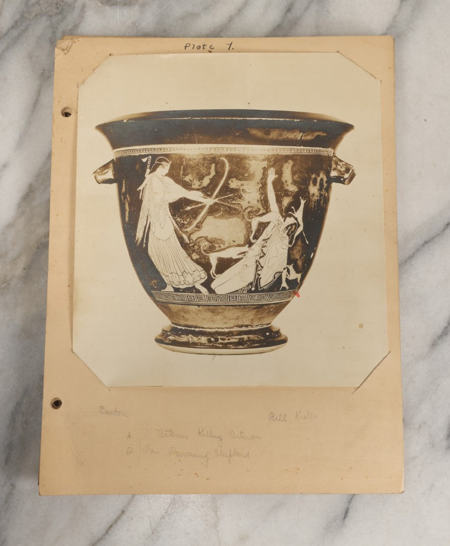 Lot 070 - Antique Set Of Fifteen Plates Of Mounted Museum Photographs Of Greek Pottery With Mythological Decorations, With Handwritten Notes, Including Boston Museum Of Fine Art And Metropolitan Museum Of Art References