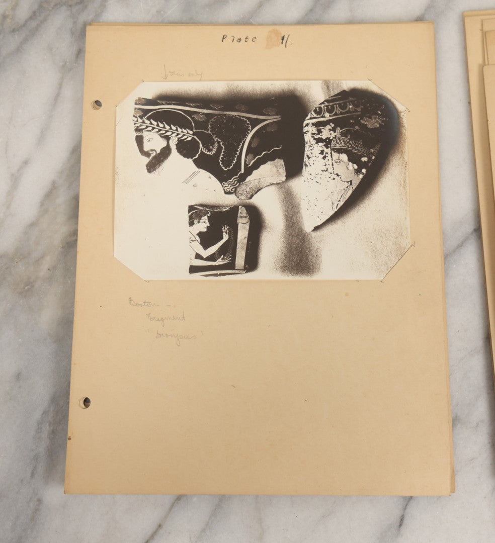 Lot 070 - Antique Set Of Fifteen Plates Of Mounted Museum Photographs Of Greek Pottery With Mythological Decorations, With Handwritten Notes, Including Boston Museum Of Fine Art And Metropolitan Museum Of Art References