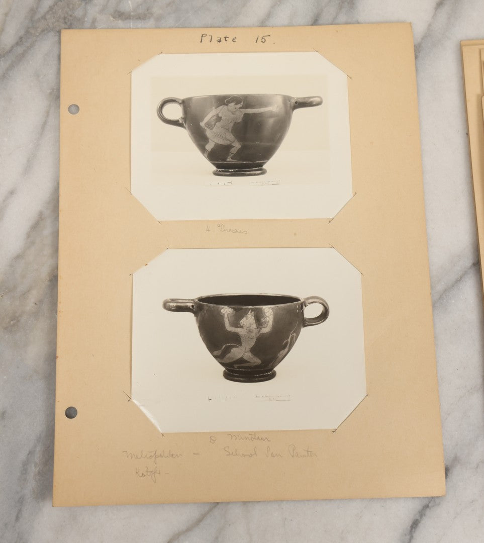 Lot 070 - Antique Set Of Fifteen Plates Of Mounted Museum Photographs Of Greek Pottery With Mythological Decorations, With Handwritten Notes, Including Boston Museum Of Fine Art And Metropolitan Museum Of Art References