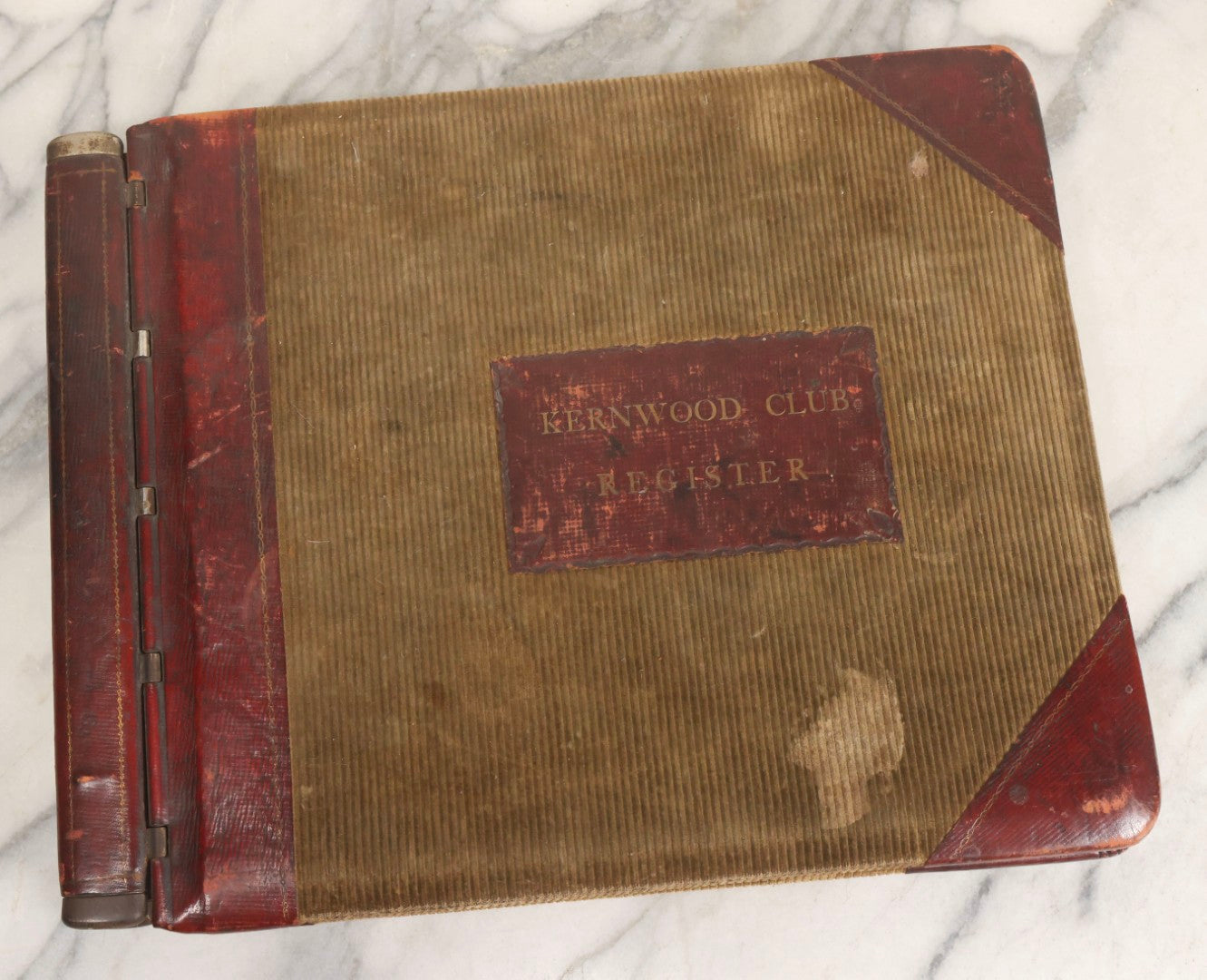 Lot 071 - Antique Register Guest Book For The Kernwood Club With Green Corduroy Cover, Leather Spine And Nameplate, Marbled Endpapers, And Blank Visitor Fields, Thomas Groom & Co., Boston
