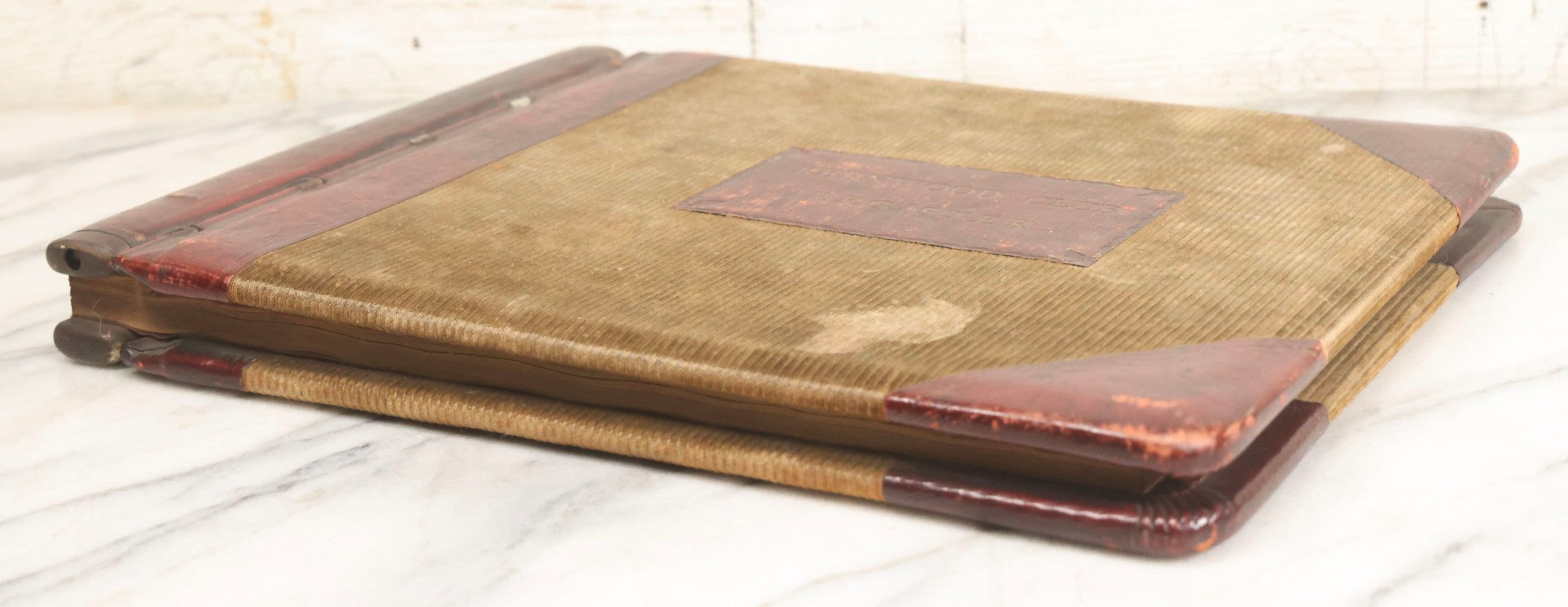 Lot 071 - Antique Register Guest Book For The Kernwood Club With Green Corduroy Cover, Leather Spine And Nameplate, Marbled Endpapers, And Blank Visitor Fields, Thomas Groom & Co., Boston