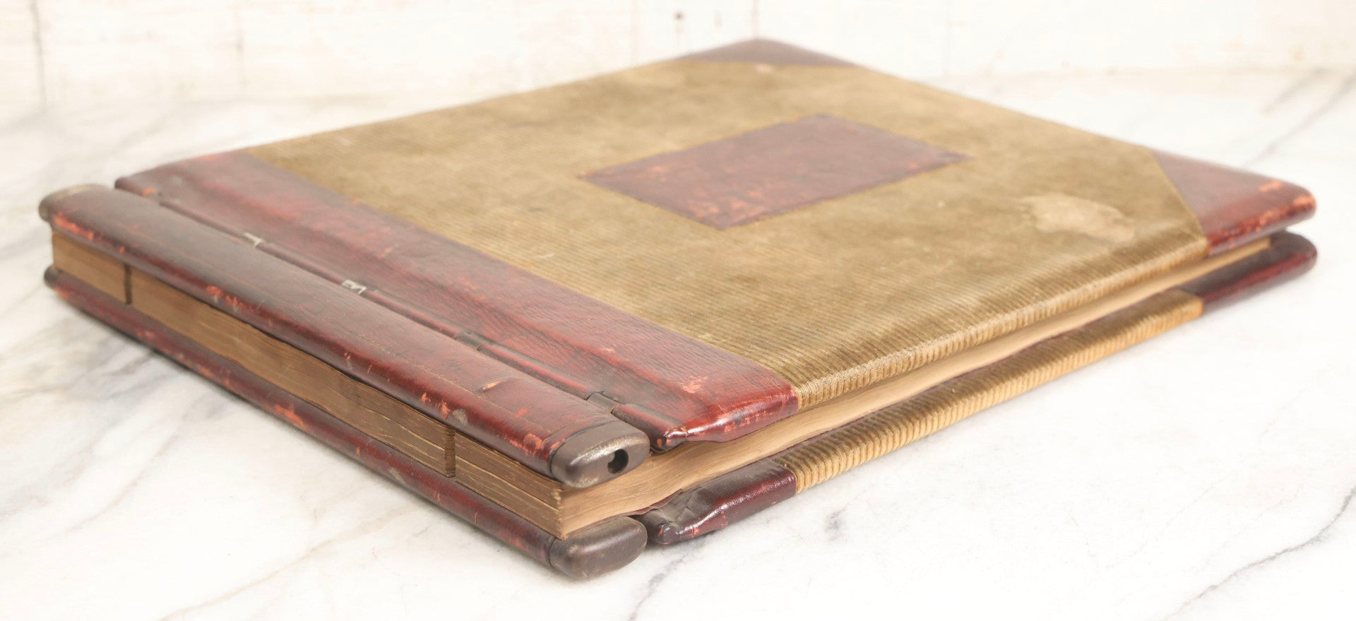 Lot 071 - Antique Register Guest Book For The Kernwood Club With Green Corduroy Cover, Leather Spine And Nameplate, Marbled Endpapers, And Blank Visitor Fields, Thomas Groom & Co., Boston