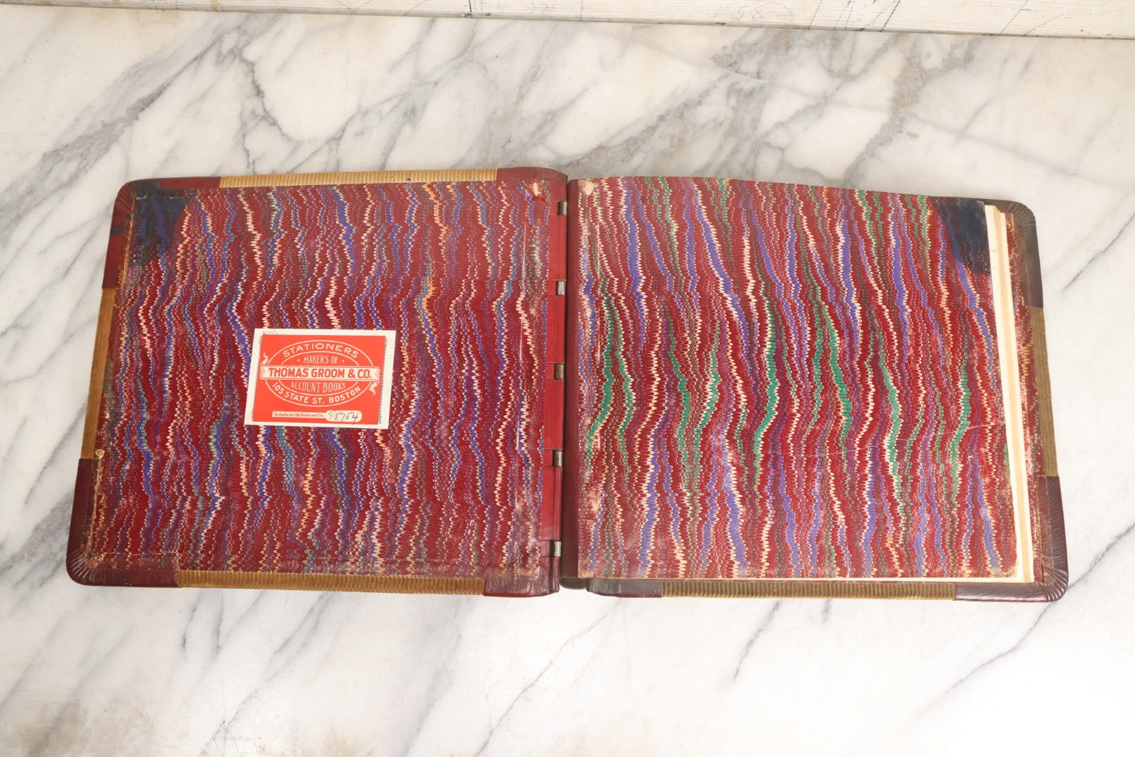 Lot 071 - Antique Register Guest Book For The Kernwood Club With Green Corduroy Cover, Leather Spine And Nameplate, Marbled Endpapers, And Blank Visitor Fields, Thomas Groom & Co., Boston