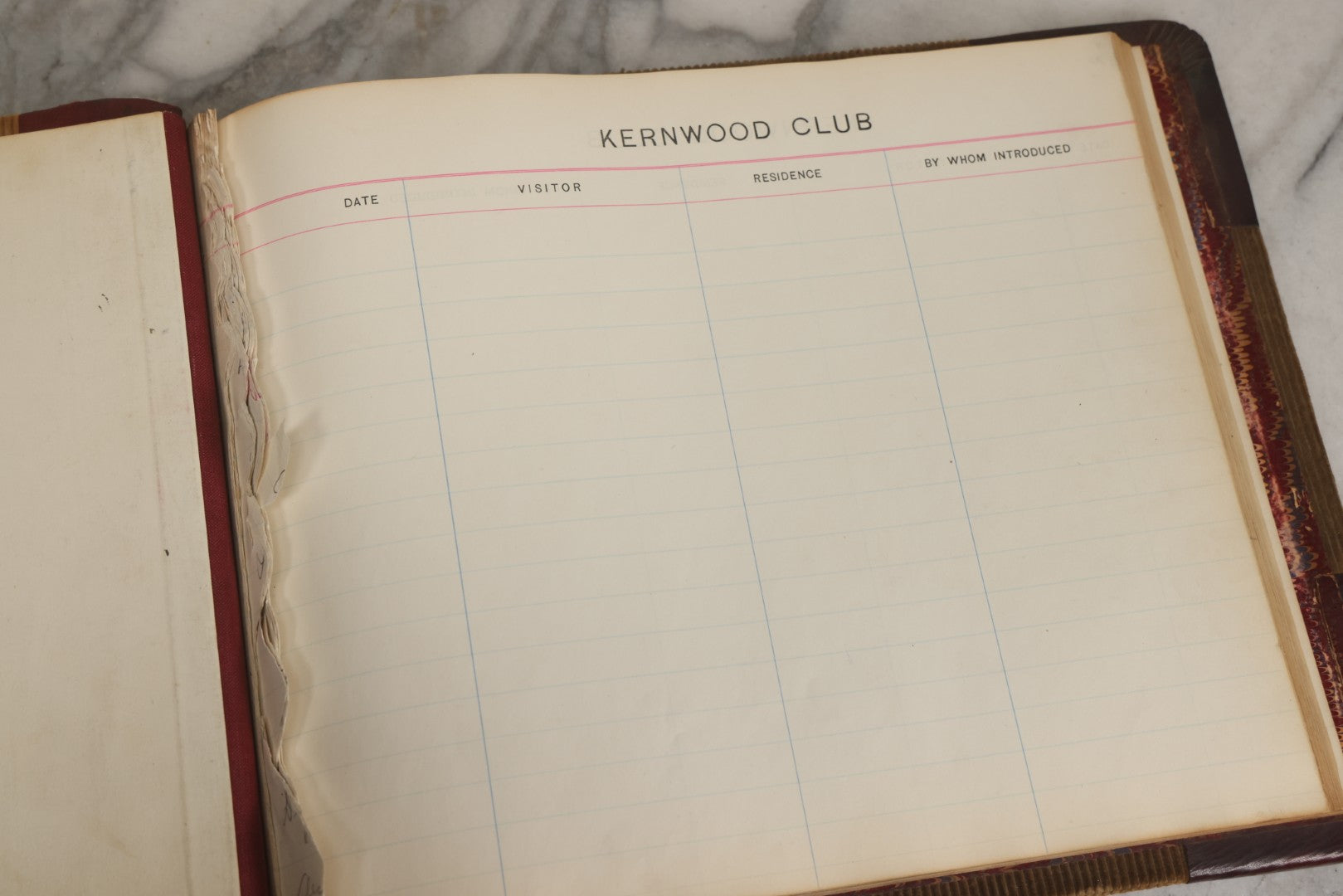 Lot 071 - Antique Register Guest Book For The Kernwood Club With Green Corduroy Cover, Leather Spine And Nameplate, Marbled Endpapers, And Blank Visitor Fields, Thomas Groom & Co., Boston