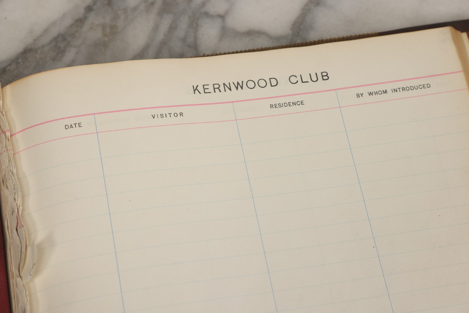 Lot 071 - Antique Register Guest Book For The Kernwood Club With Green Corduroy Cover, Leather Spine And Nameplate, Marbled Endpapers, And Blank Visitor Fields, Thomas Groom & Co., Boston