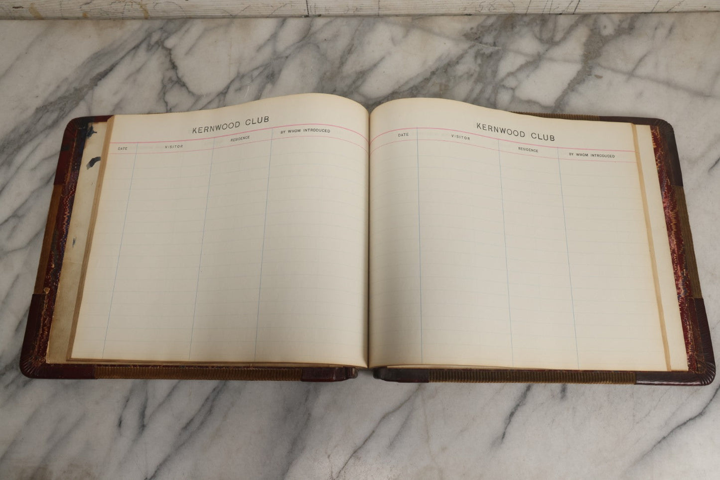 Lot 071 - Antique Register Guest Book For The Kernwood Club With Green Corduroy Cover, Leather Spine And Nameplate, Marbled Endpapers, And Blank Visitor Fields, Thomas Groom & Co., Boston