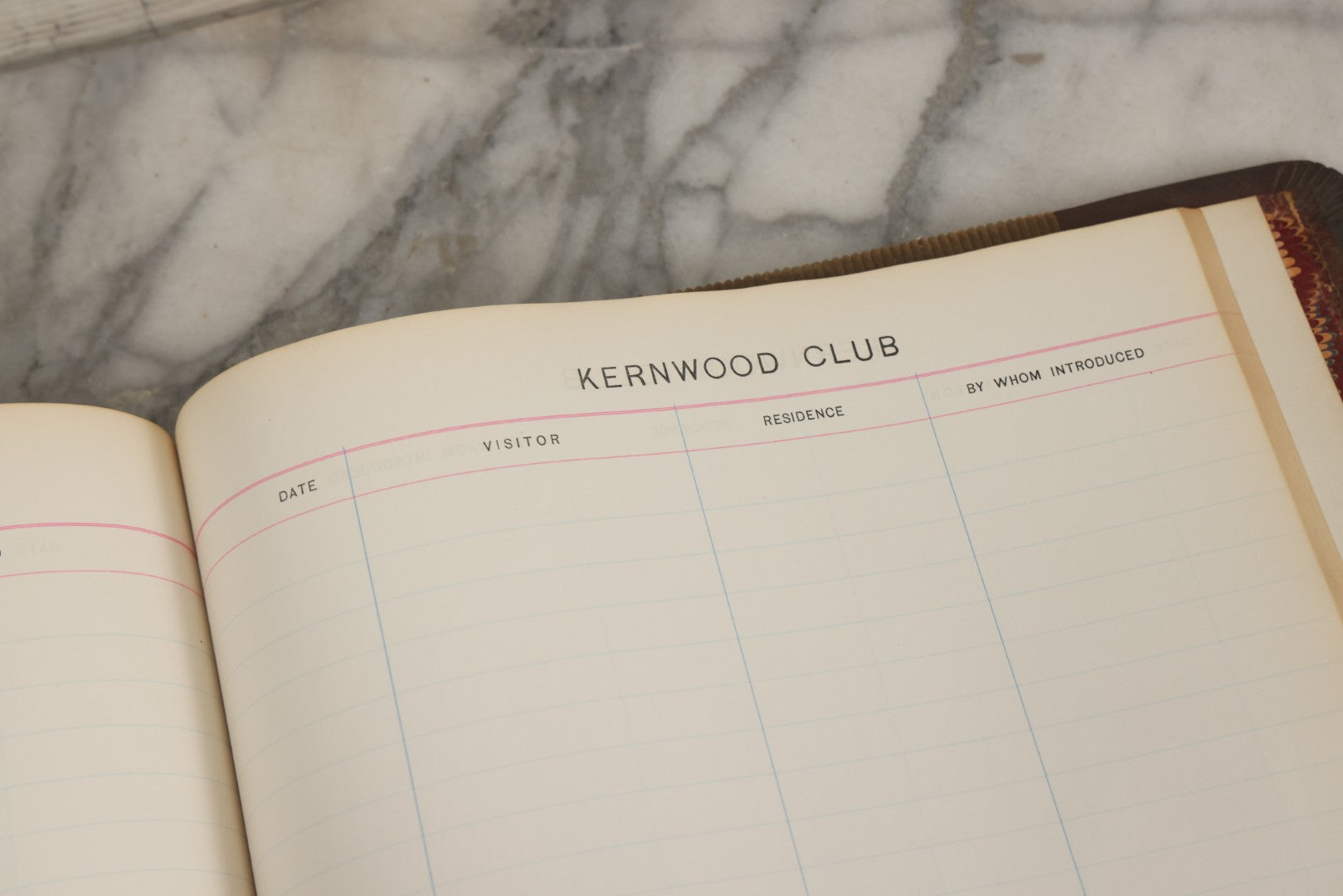 Lot 071 - Antique Register Guest Book For The Kernwood Club With Green Corduroy Cover, Leather Spine And Nameplate, Marbled Endpapers, And Blank Visitor Fields, Thomas Groom & Co., Boston