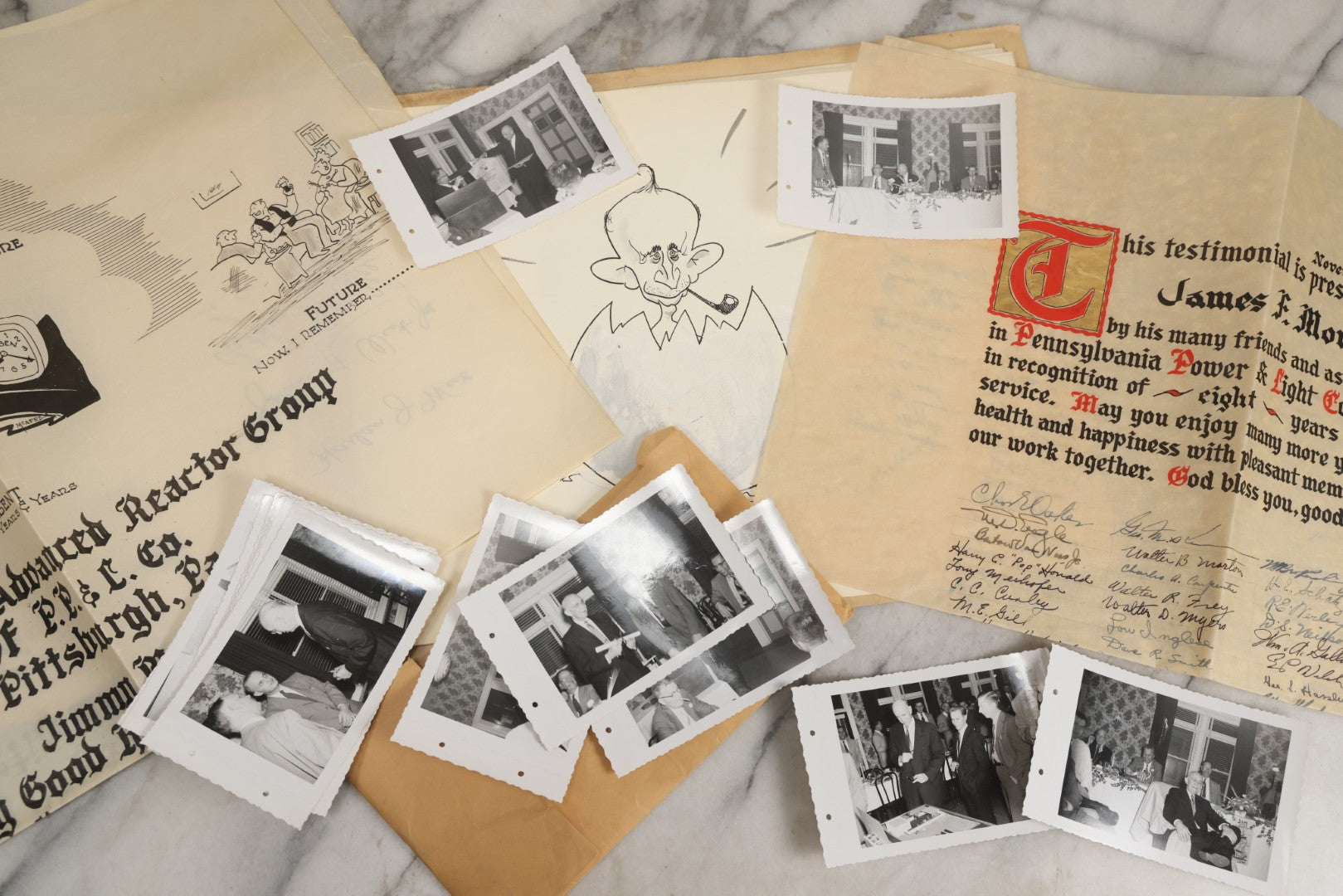 Lot 072 - Vintage Hand-Drawn Illustrated Retirement Book “This Is Your Life Jim More” With Posters, Documents, Party Ephemera, And Photographs, Pennsylvania Power And Light Company, 1955