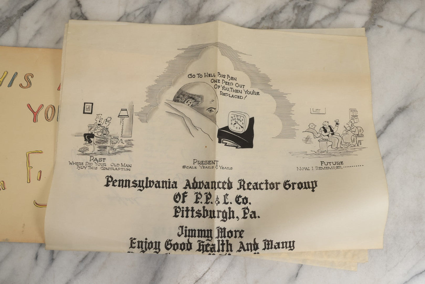 Lot 072 - Vintage Hand-Drawn Illustrated Retirement Book “This Is Your Life Jim More” With Posters, Documents, Party Ephemera, And Photographs, Pennsylvania Power And Light Company, 1955