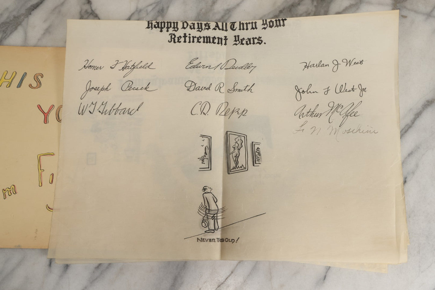 Lot 072 - Vintage Hand-Drawn Illustrated Retirement Book “This Is Your Life Jim More” With Posters, Documents, Party Ephemera, And Photographs, Pennsylvania Power And Light Company, 1955