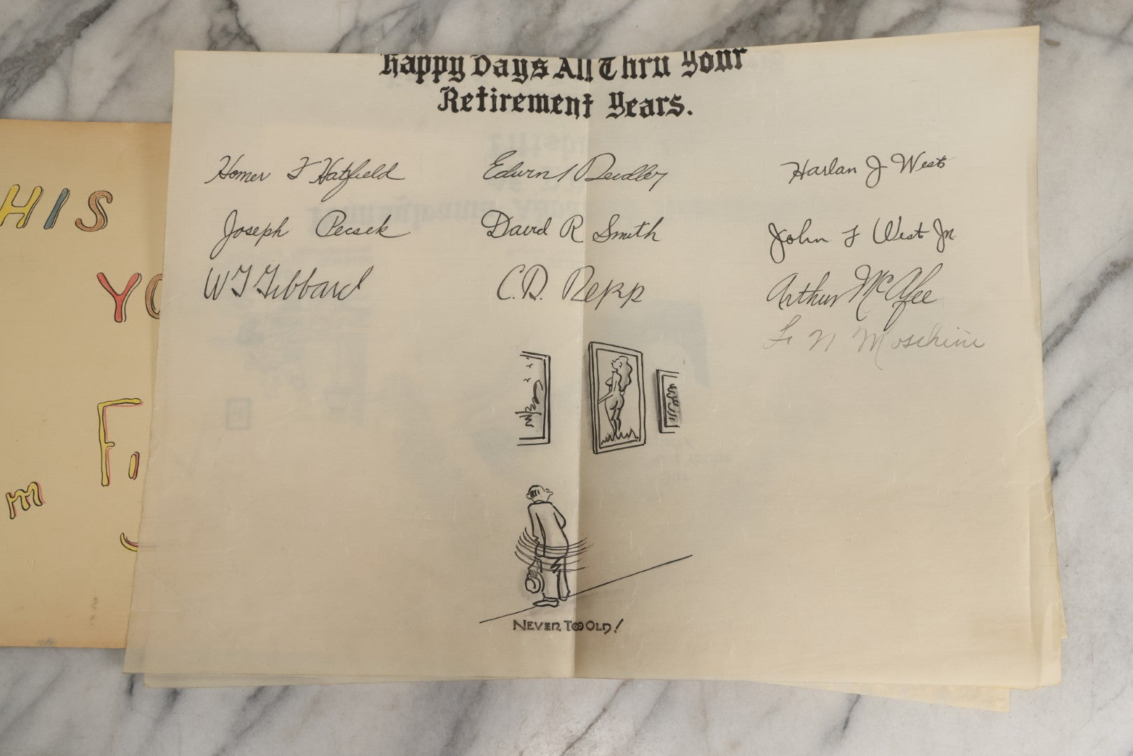 Lot 072 - Vintage Hand-Drawn Illustrated Retirement Book “This Is Your Life Jim More” With Posters, Documents, Party Ephemera, And Photographs, Pennsylvania Power And Light Company, 1955