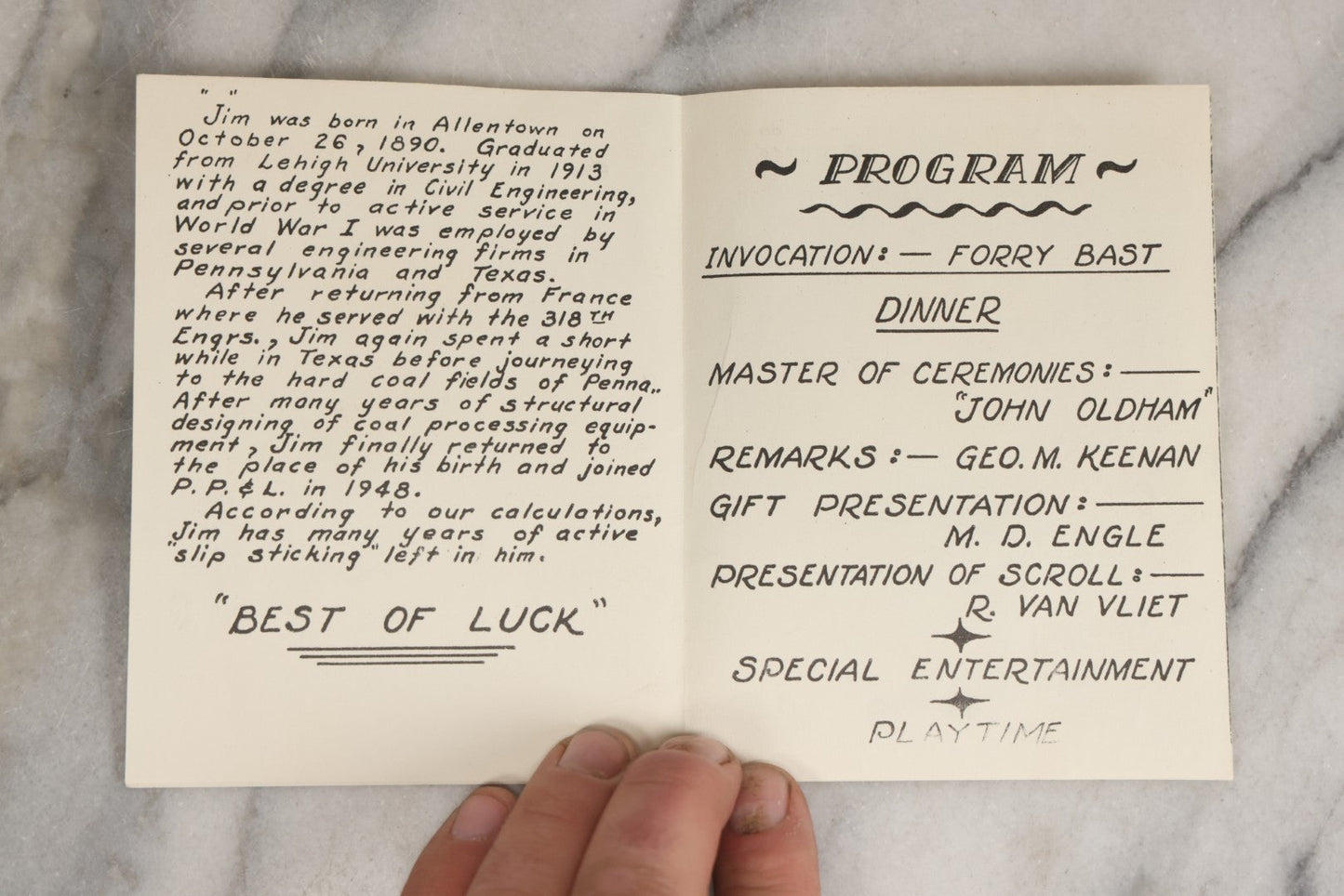 Lot 072 - Vintage Hand-Drawn Illustrated Retirement Book “This Is Your Life Jim More” With Posters, Documents, Party Ephemera, And Photographs, Pennsylvania Power And Light Company, 1955
