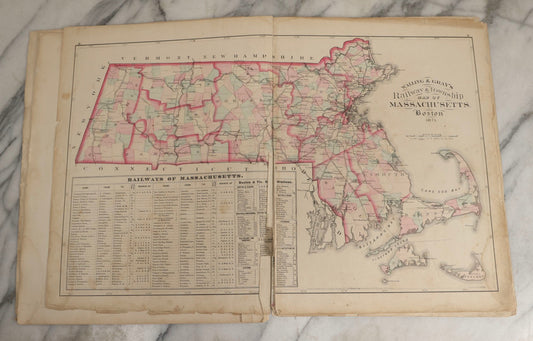Lot 074 - Antique “Official Topographical Atlas Of Massachusetts” By Walling & Gray, Stedman Brown & Lyon, 1871, Hand-Colored Maps, Binding Detached