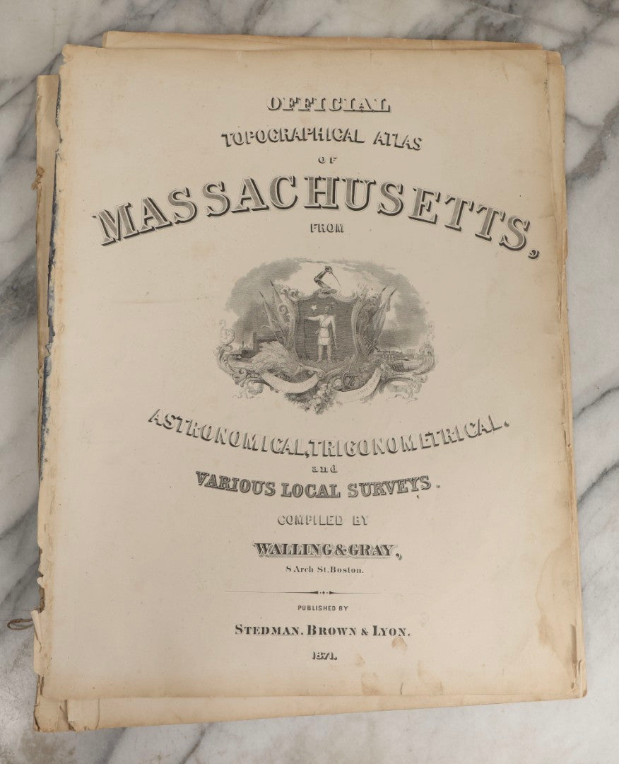 Lot 074 - Antique “Official Topographical Atlas Of Massachusetts” By Walling & Gray, Stedman Brown & Lyon, 1871, Hand-Colored Maps, Binding Detached