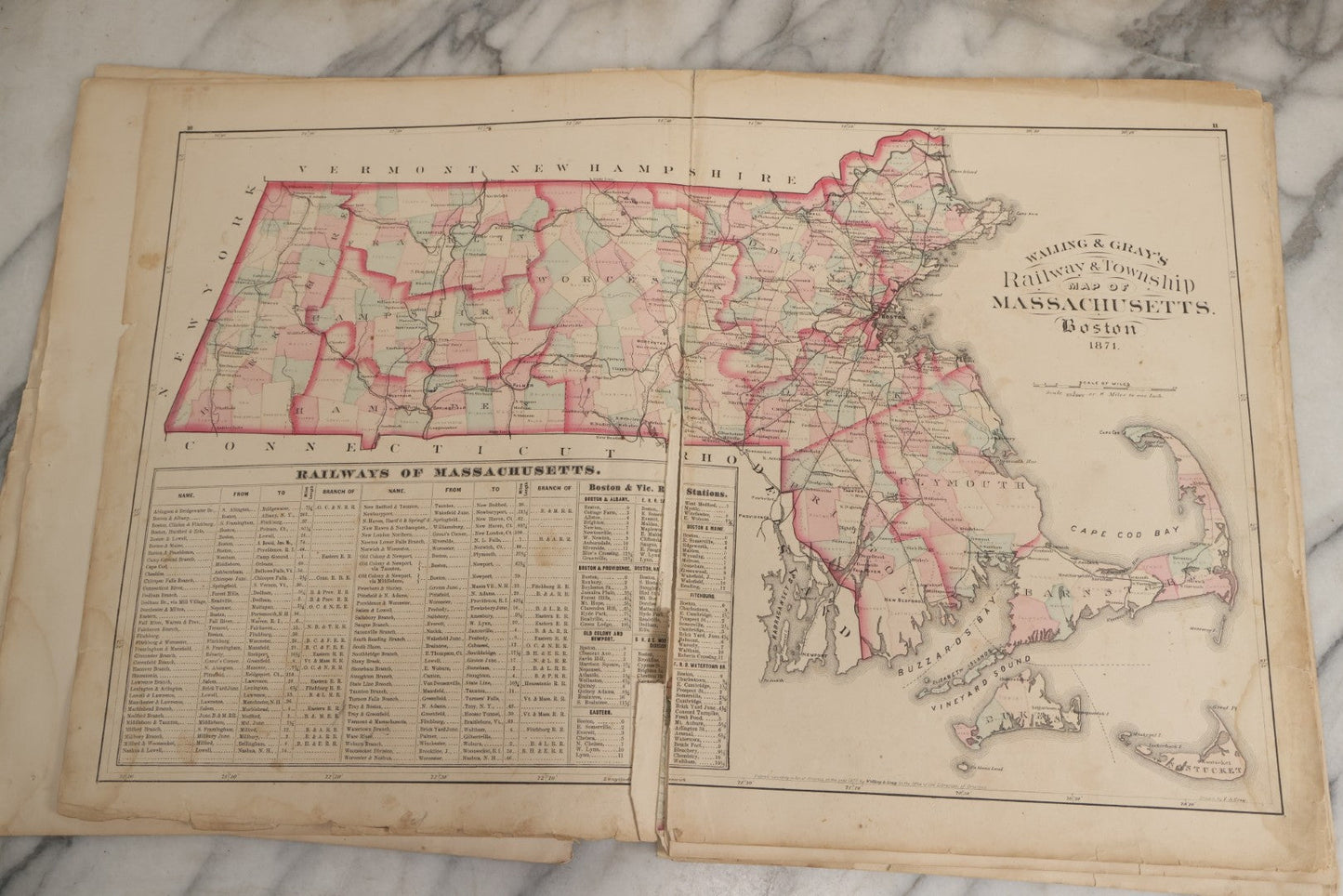 Lot 074 - Antique “Official Topographical Atlas Of Massachusetts” By Walling & Gray, Stedman Brown & Lyon, 1871, Hand-Colored Maps, Binding Detached