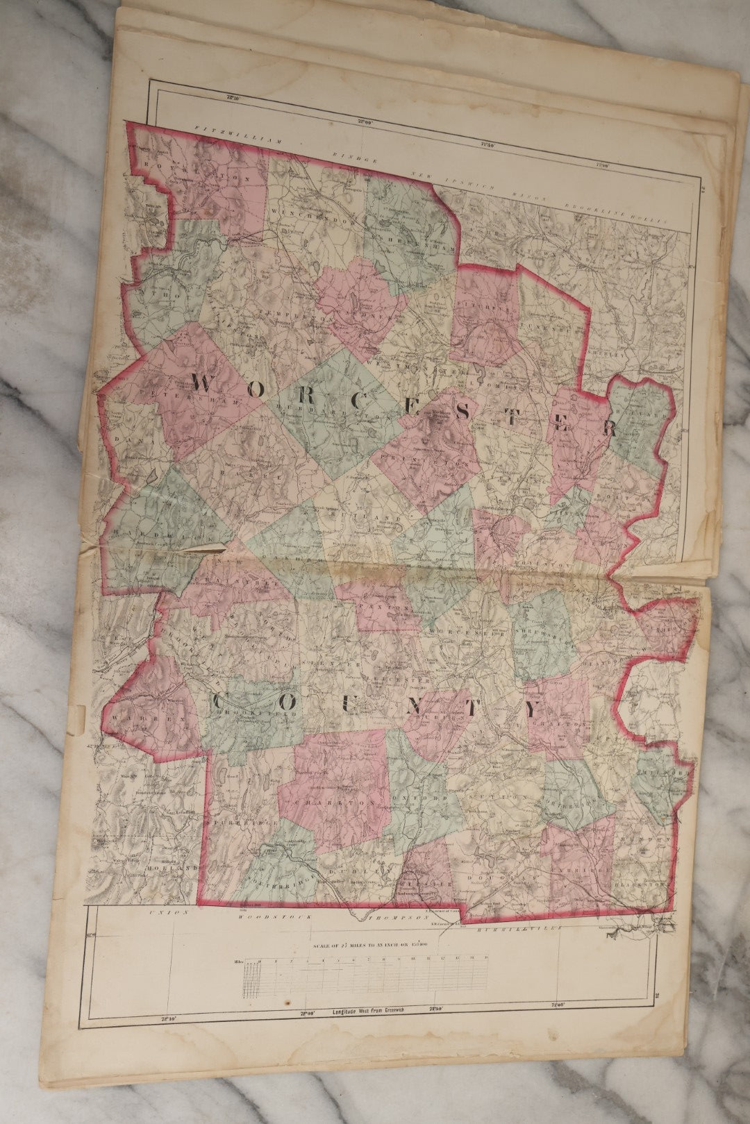 Lot 074 - Antique “Official Topographical Atlas Of Massachusetts” By Walling & Gray, Stedman Brown & Lyon, 1871, Hand-Colored Maps, Binding Detached