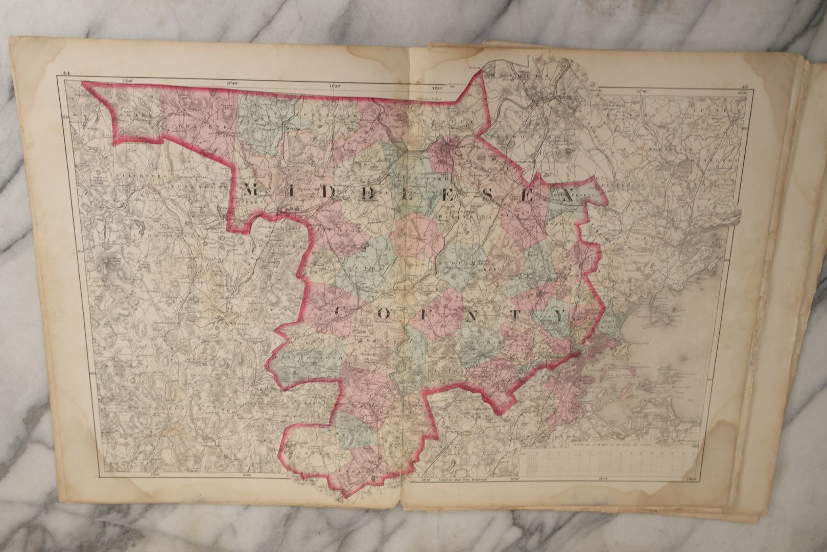 Lot 074 - Antique “Official Topographical Atlas Of Massachusetts” By Walling & Gray, Stedman Brown & Lyon, 1871, Hand-Colored Maps, Binding Detached