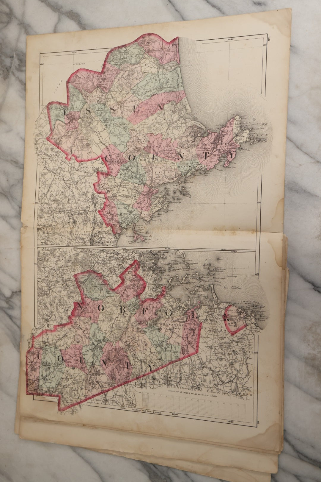 Lot 074 - Antique “Official Topographical Atlas Of Massachusetts” By Walling & Gray, Stedman Brown & Lyon, 1871, Hand-Colored Maps, Binding Detached