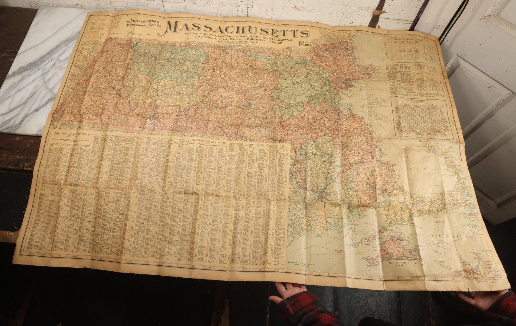 Lot 075 - Antique Scarborough's Topographic Map Of Massachusetts, Chromolithograph With Statistical Panels, Paper On Linen Backing, Scarborough Company, Boston, Massachusetts, 1903, 58" x 39-1/2"