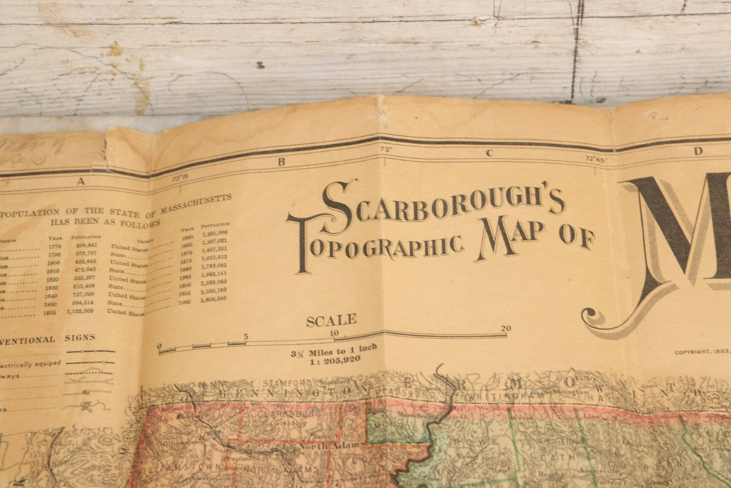 Lot 075 - Antique Scarborough's Topographic Map Of Massachusetts, Chromolithograph With Statistical Panels, Paper On Linen Backing, Scarborough Company, Boston, Massachusetts, 1903, 58" x 39-1/2"