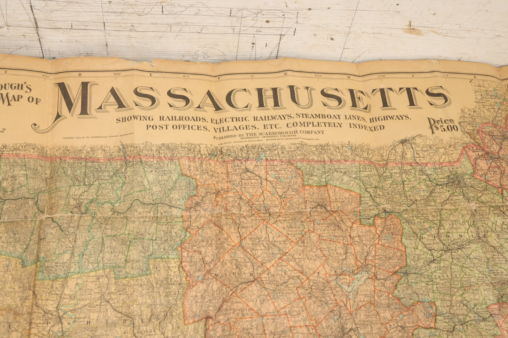 Lot 075 - Antique Scarborough's Topographic Map Of Massachusetts, Chromolithograph With Statistical Panels, Paper On Linen Backing, Scarborough Company, Boston, Massachusetts, 1903, 58" x 39-1/2"