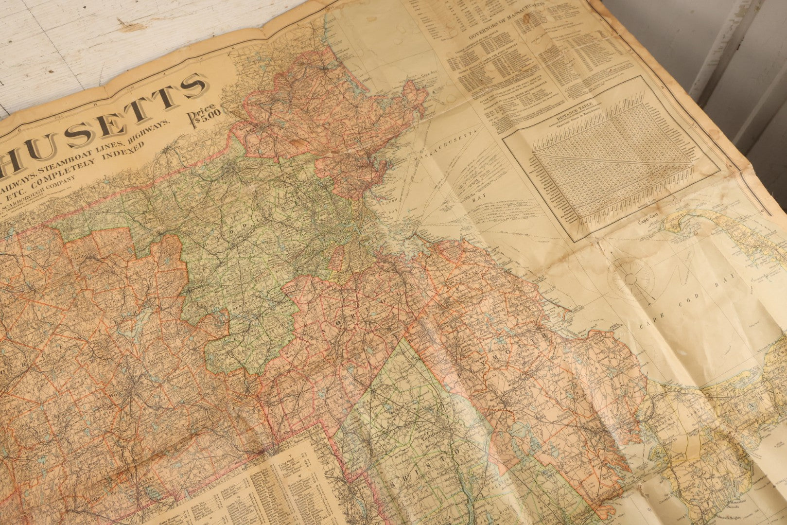 Lot 075 - Antique Scarborough's Topographic Map Of Massachusetts, Chromolithograph With Statistical Panels, Paper On Linen Backing, Scarborough Company, Boston, Massachusetts, 1903, 58" x 39-1/2"